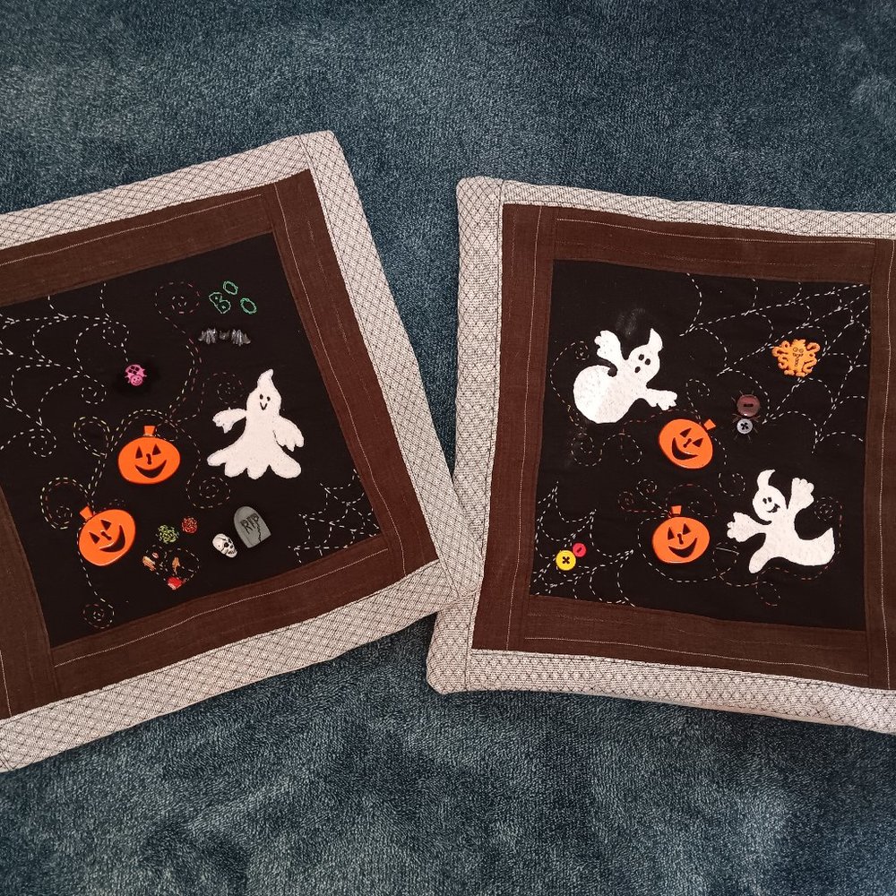 Halloween 2pc Square Pillow Case Bringing pumpkins embroidery appliques handmade